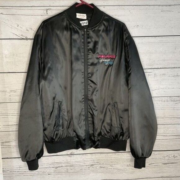 VTG Satins Black Polaris Embroidered Satin Full Zip Bomber Jacket Men Size XL - Picture 11 of 13